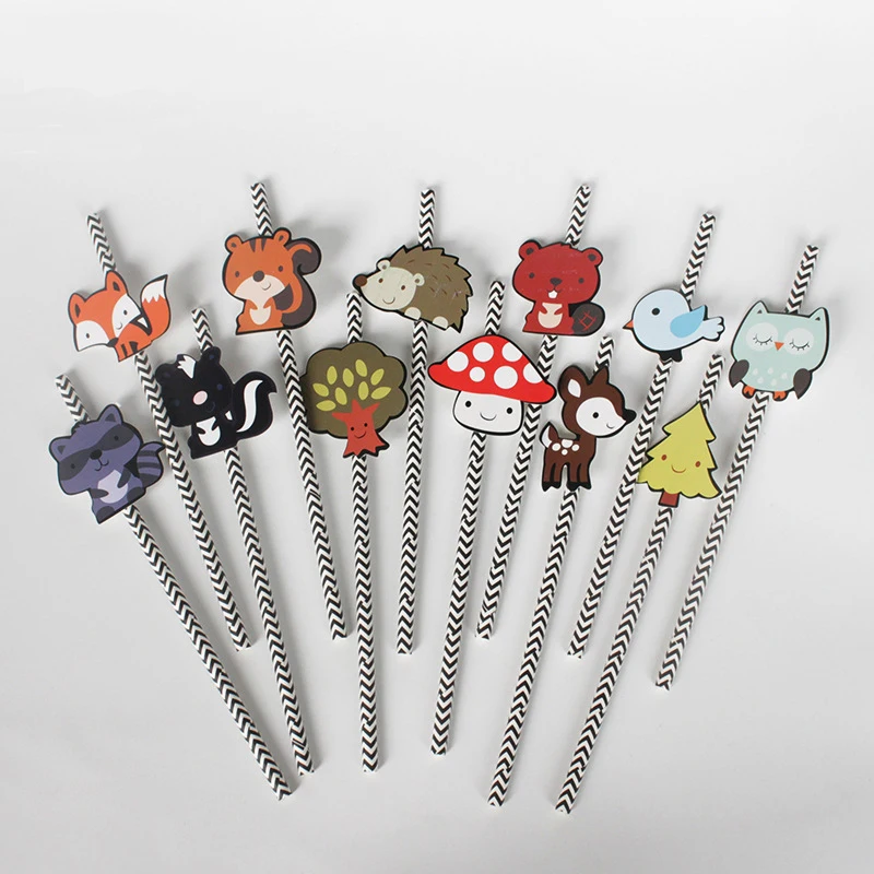 

36PCS Cartoon Animals Plants Party Straw Paper Straws Children Birthday Party Festive Supplies Decoration Paper Drinking Straws