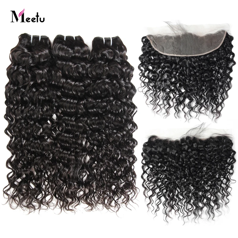 

Meetu Hair Water Wave Bundles With Frontal 3Pcs Brazilian Hair Weave Bundles With Frontal Closure 13X4 Inch Non Remy Human Hair