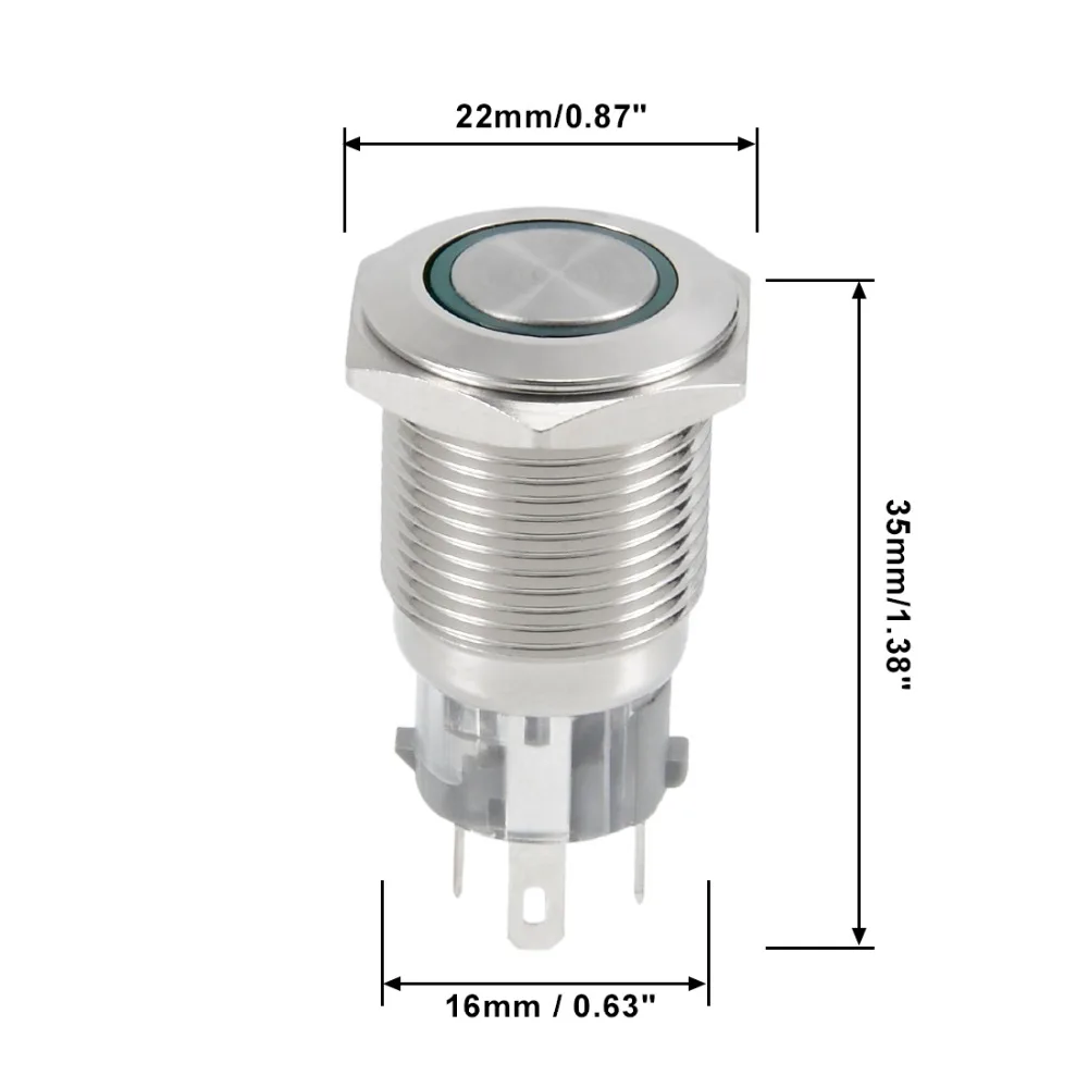 

UXCELL 1 PCS Switch Momentary Metal Push Button Switch 16mm Mounting 6V Green LED Light Switch Accessories Dia 5A 1NO 1NC