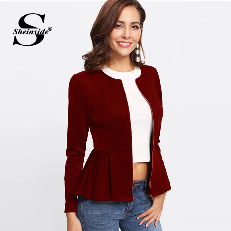 Sheinside Zip Up Box Pleated Peplum Autumn Jacket Women Ruffle Bolero Workwear 2018 Clothes Slim Outerwear Burgundy Womens Coats Sheinside Zip Up Box Pleated Peplum Autumn Jacket Women Ruffle Bolero Workwear 2018 Clothes Slim Outerwear Burgundy Womens Coats