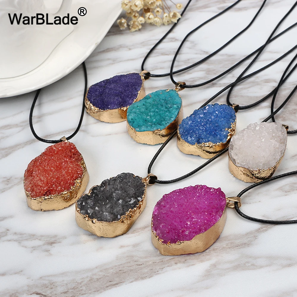 

WarBLade Natural Stone Druzy Quartz Pendant Necklace Irregular Crystal Stone Pendants Gold Color Necklaces Women Sweater Chain