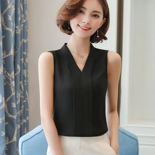 

High Quality J43555 Summer Chiffon Shirt V Neck Solid Color Sleevess Office Lady Work Casual Shirts
