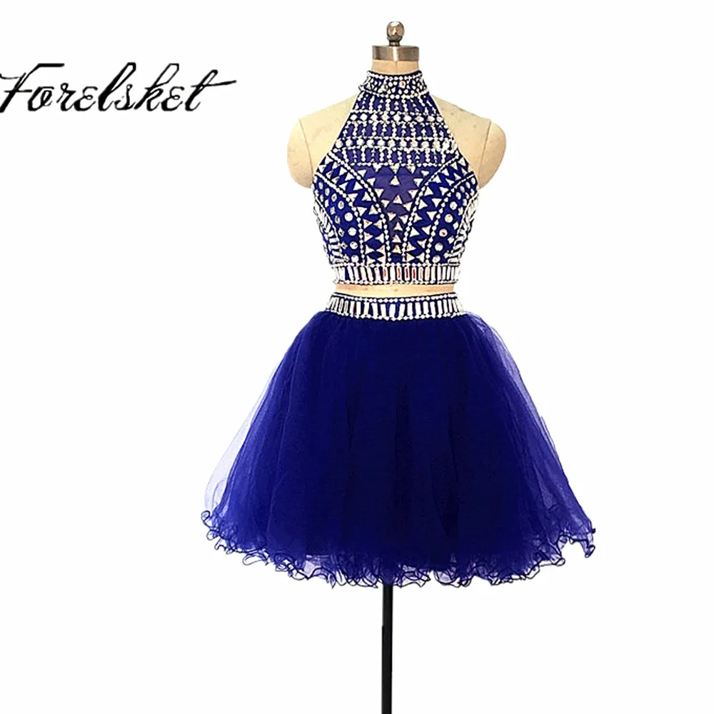 Royal Blue Two Piece Short Prom Dresses 2019 New Knee Length Formal
