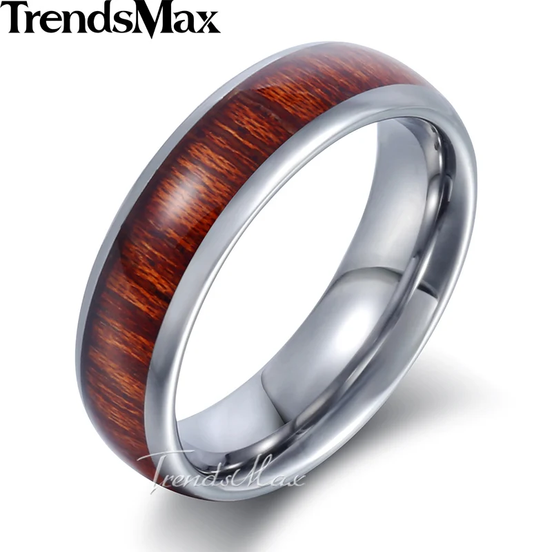 Trendsmax Wood Inlay Band Ring Mens Boys Tungsten Carbide Wedding Engagement Silver 6mm KTR30
