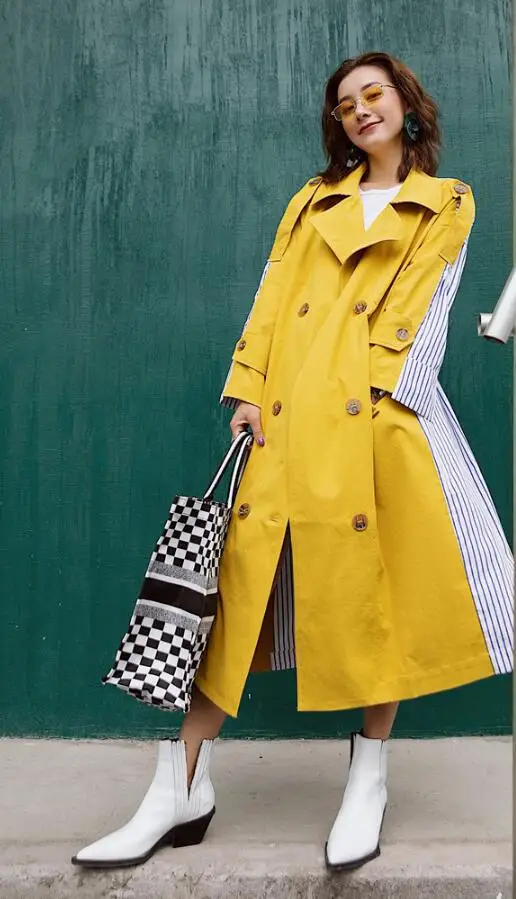 2018 Yellow Est Coupe Boucles Nouvelle Tempérament vent Automne Veste Rangée Style Femme Double Bande Épissé Moyen Long gfg4a