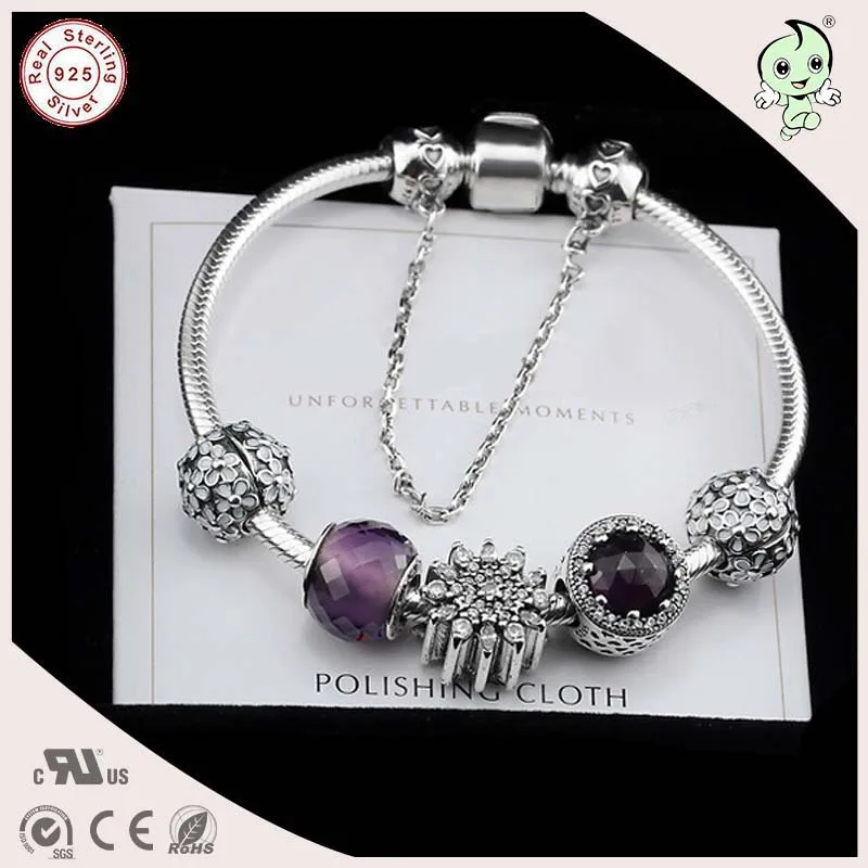 

Hot Sale High Quality 100% 925 Sterling Silver Snake Bracelet With Daisy Charm And Purple Murano Charm