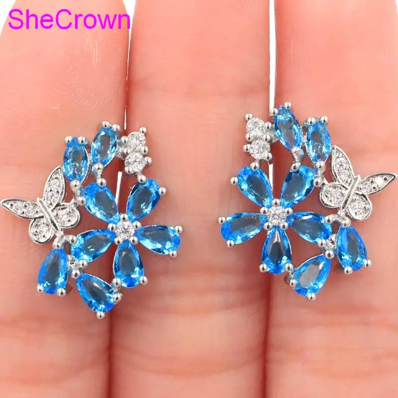 

SheCrown 2019 New Designed Butterfly Shape Paris Blue Topaz White CZ Silver Stud Earrings 20x19mm