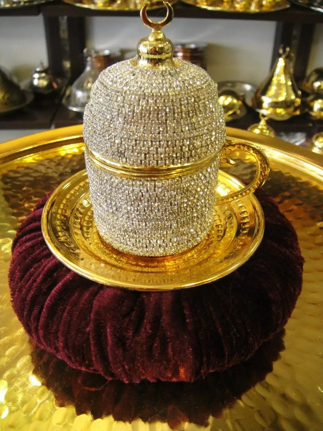 Ручной работы Медь Турецкая кофейная чашка блюдце Swarovski тип с кристаллом