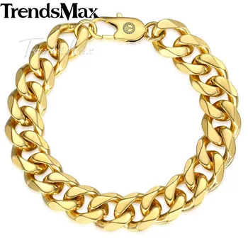 

Men's Bracelets Hip Hop Curb Cuban Link Chain Gold Color Stainless Steel Bracelet For Male Jewelry Dropshipping 14mm KKBM162