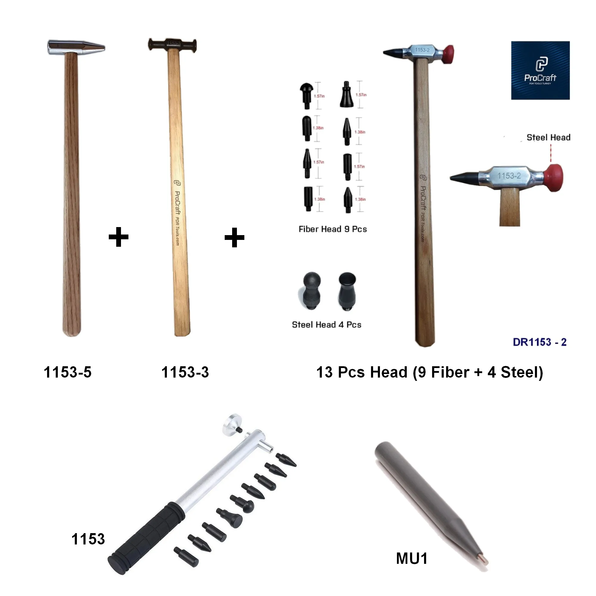 

ProCraft Paintless Dent Repair Recheangeable Head PDR Blending Hammer Set Knock Down 4 Different Pcs High Quality