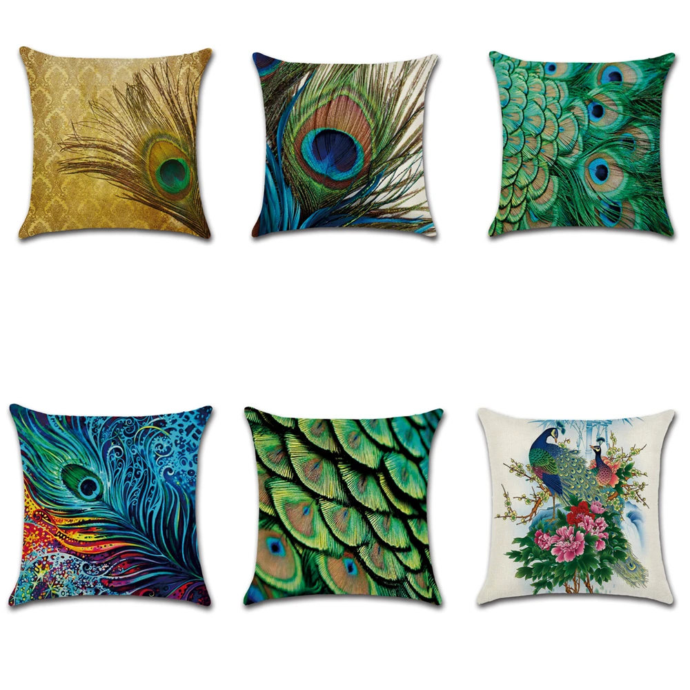 SERANDMIDO 6 pcs/set Home Peacock Feather Pattern Decorative Pillowcase