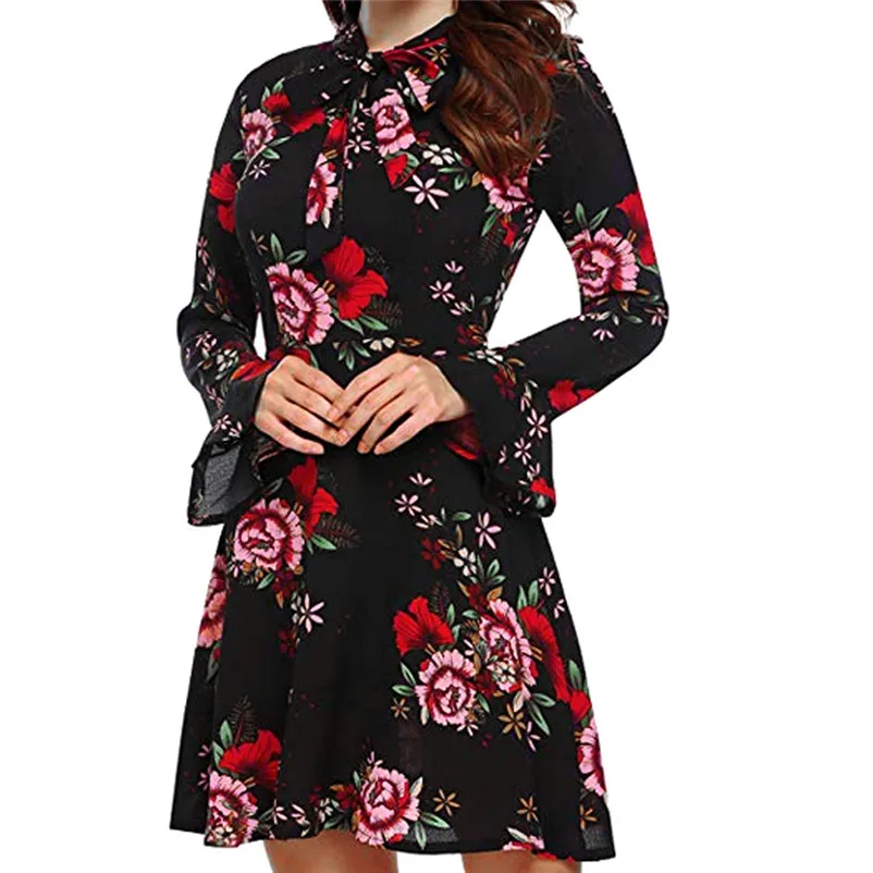 Fashion Autumn summer dress 2018 casual Flare elegant dress Long Sleeve O-Neck Floral Printed Mini party Dress vestido A27#N (6)