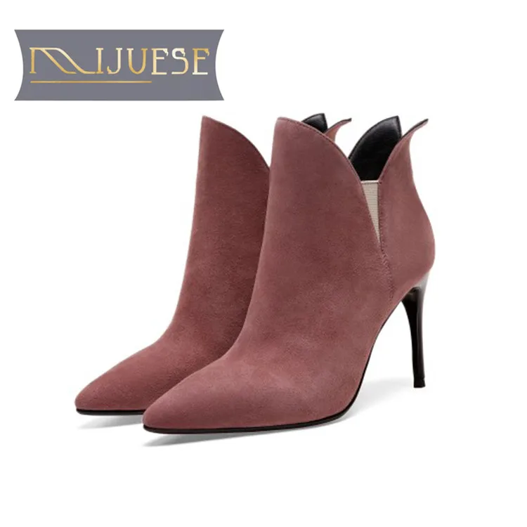 

MLJUESE 2019 women ankle boots Kid Suede slip on zippers pointed toe autumn spring thin heel high heels women martin boots