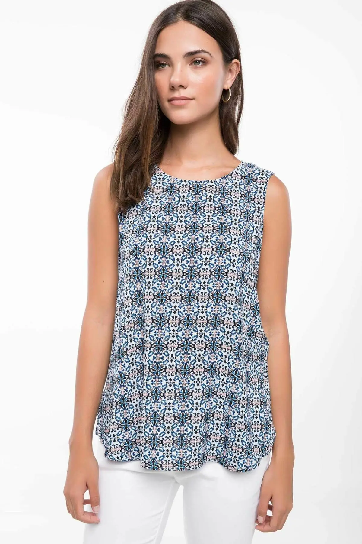 

DeFacto Vintage Prints Summer Top Shorts Shirts Woman Sleeveless Light Blue O-neck Chiffon Blouse-I6175AZ18SM