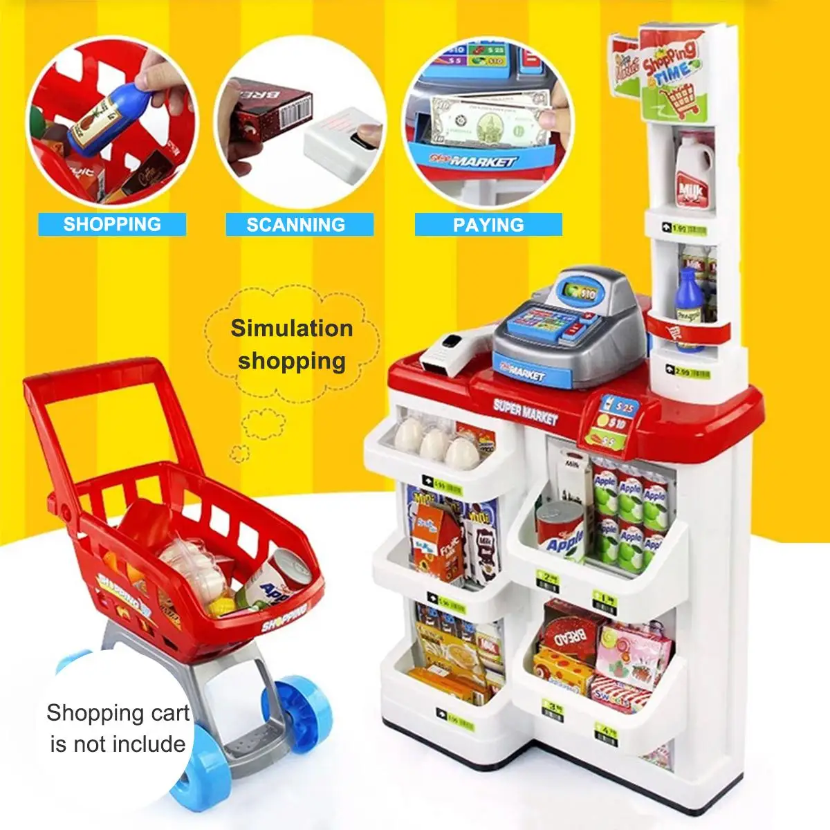

Simulation Toy Supermarket Checkout Scene Luxury Children House Shopping Cart Scanning Machine Silver Fruit