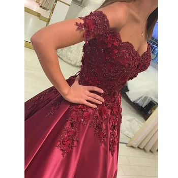 

Burgundy Prom Dresses 2020 Ball Gown Cap Sleeve Off-the-Shoulder Applique Satin Floor-Length Evening Gown robes de soiree