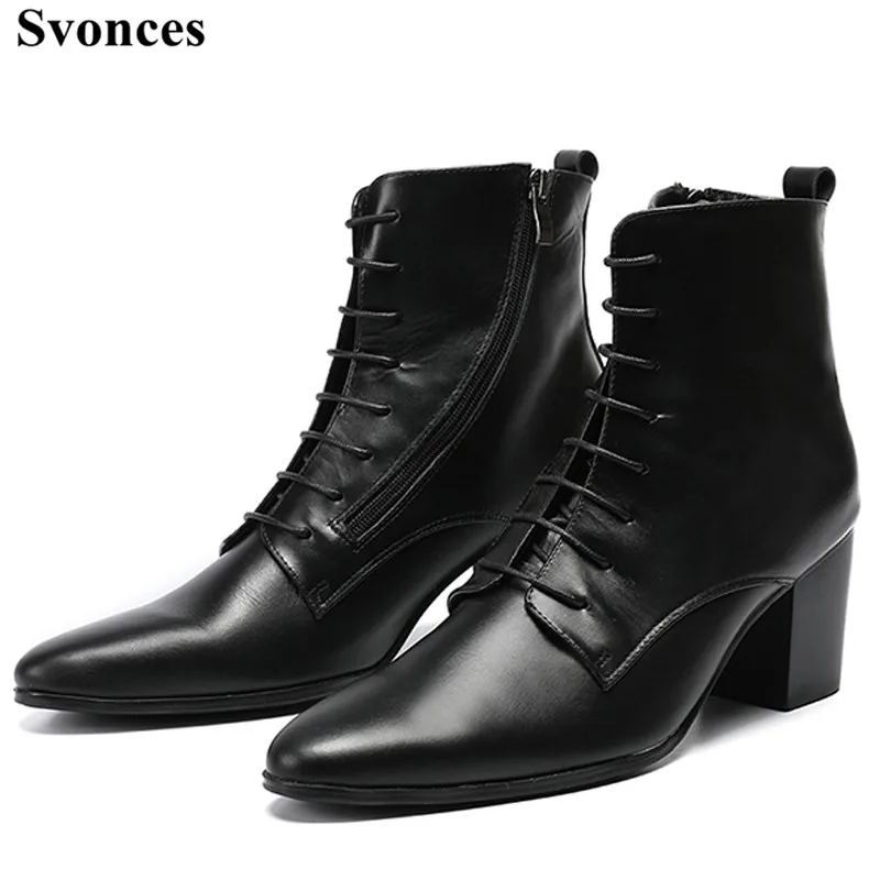 2018 Winter High Heels Men Boots Plain Black Leather Military Tactical