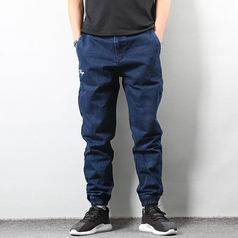 Японский стиль, модные мужские джинсы для бега, черный, синий цвет, уличная одежда, брюки в стиле панк, джинсы в стиле хип-хоп, мужские облегающие брюки-карго, Homme - Цвет: Синий
