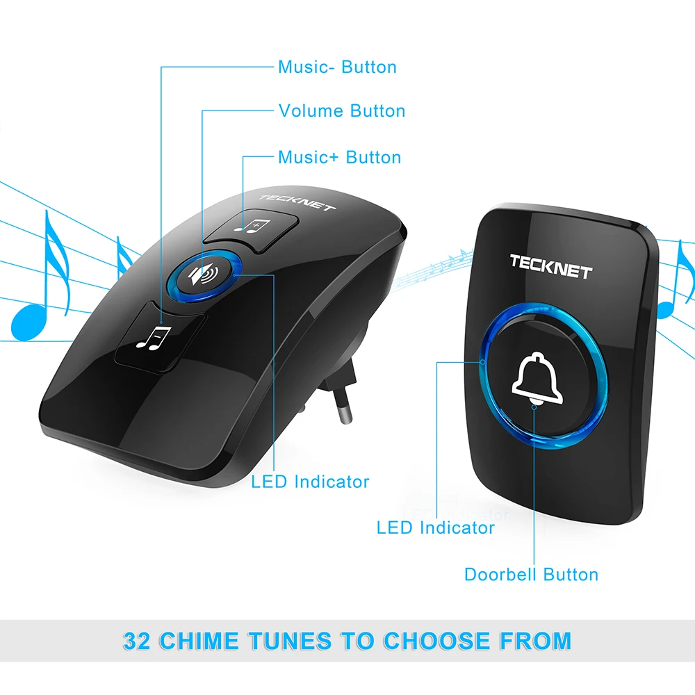 TeckNet Wireless Doorbell Wall Plug-in Cordless Waterproof Home Door Bell Chime 250M Range with 32 Chimes Easy Install TeckNet Wireless Doorbell Wall Plug-in Cordless Waterproof Home Door Bell Chime 250M Range with 32 Chimes Easy Install
