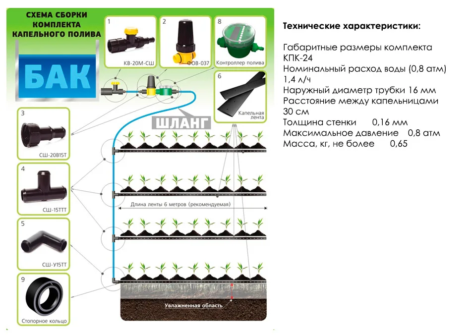 Самарский ИСТОК Комплект капельного полива КПК-24, Обеспечивает равномерный полив прикорневой области растений, экономит воду