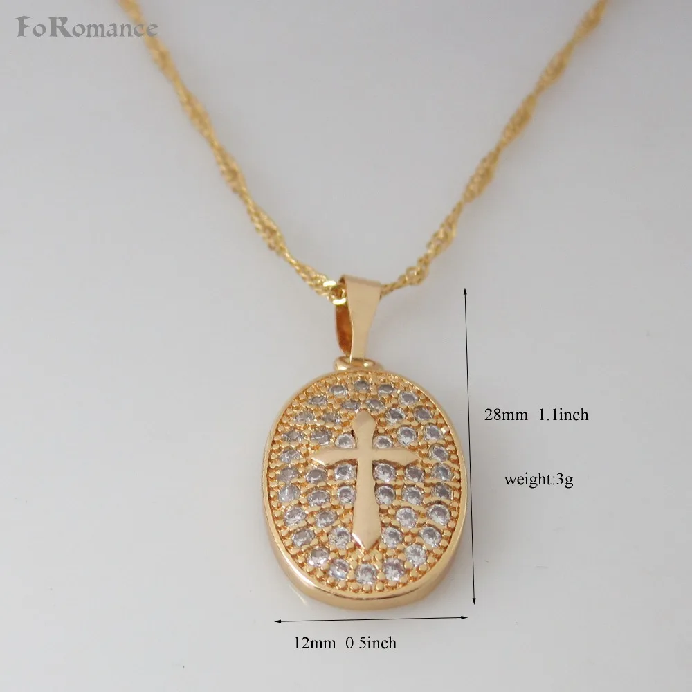 

FOROMANCE YELLOW GOLD GP 18" & 24" NECKLACE & JESUS CROSS GOD Christianity Church CZ STONE OVAL PENDANT HANGS 1.1"