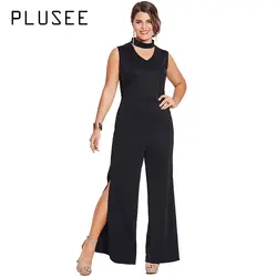 Plusee для женщин; Большие размеры Модные Длинные Комбинезоны щели брюки без рукавов Летний комбинезон Черный боди XL-5XL