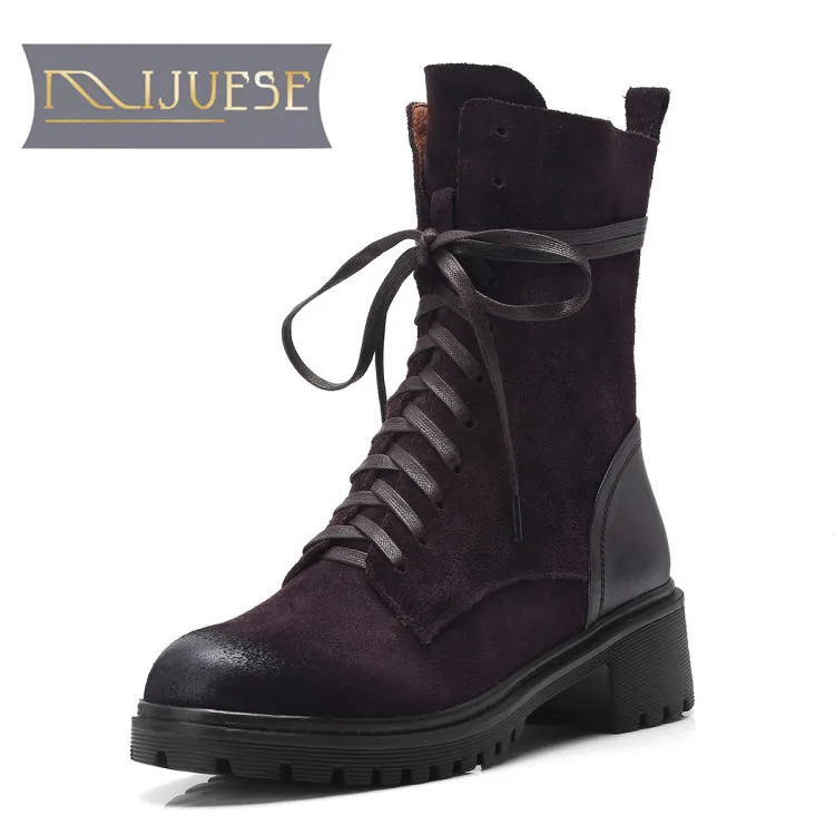 

MLJUESE 2019 women ankle boots cow suede sewing lace up black color winter warm fur boots low heel women martin boots
