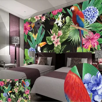 

HD tropical rainforest parrot leaves background wall professional production mural wallpaper wholesale custom poster photo wall