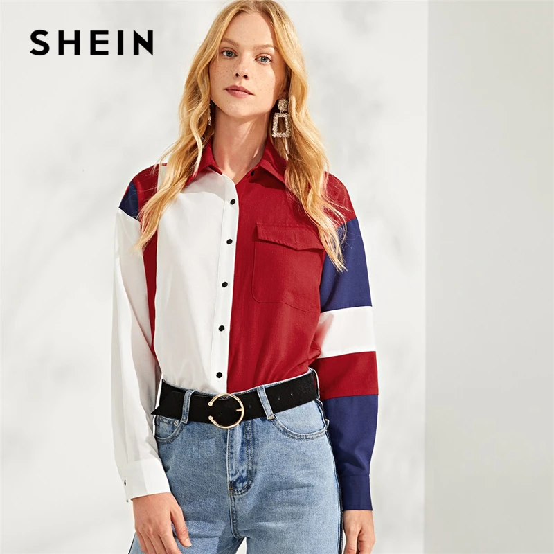 SHEIN Multicolor Button Pocket Up Color Block Top Casual Workwear Long