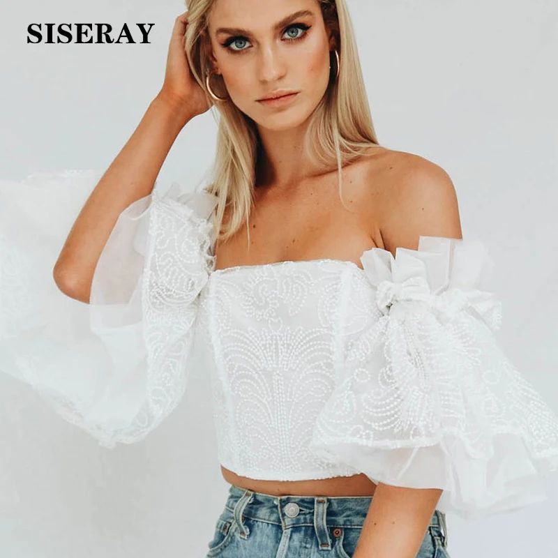 

Sexy Off Shoulder Top Summer Women Big Flare Sleeve Wrap Crop Top Dobby Ruched Tank Top White Organza Tops Tee