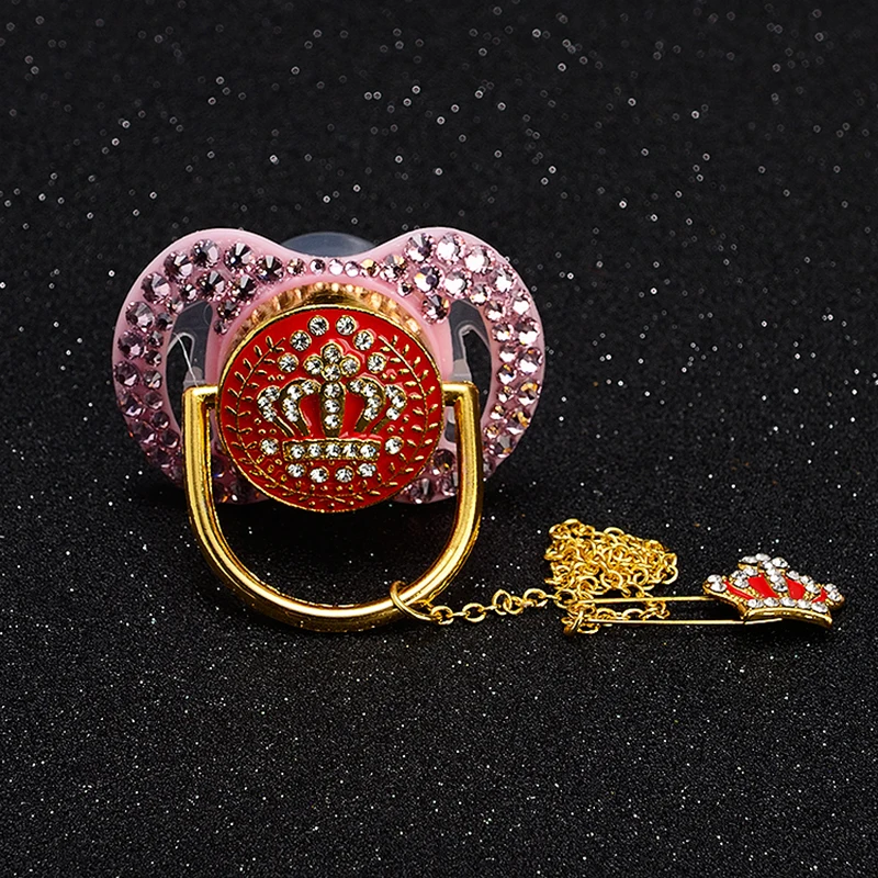 MIYOCAR all white bling pacifier dummy gold crown pacifier clip holder set BPA free FDA safe pacifier unique gift to baby