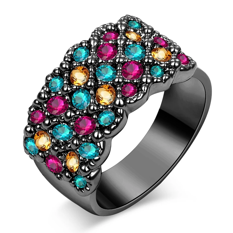 

Unique Big Black CZ Ring Colorful Crystal Black Gold Color Ethnic Antique Rings For Women Retro Bridal Vintage Fine Jewelry B2