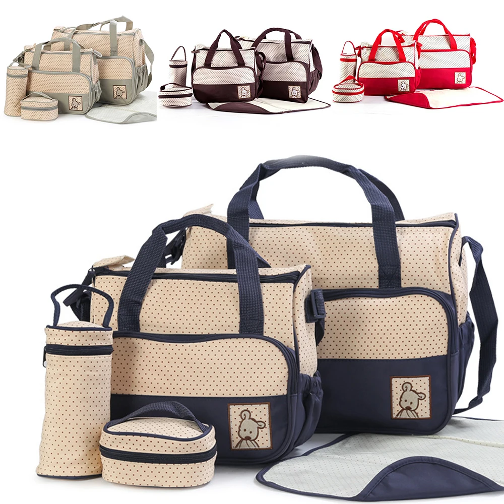

5Pcs Baby Diaper Bags Waterproof Adjustable Multifunction Polka Dot Nappy Mummy Handbag Diaper Feeding Bottle Holder Food Bags