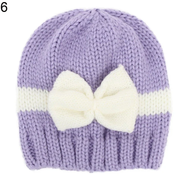 Newborn Baby Girl Infant Winter Hat Color Block Bowknot Warm Knitted