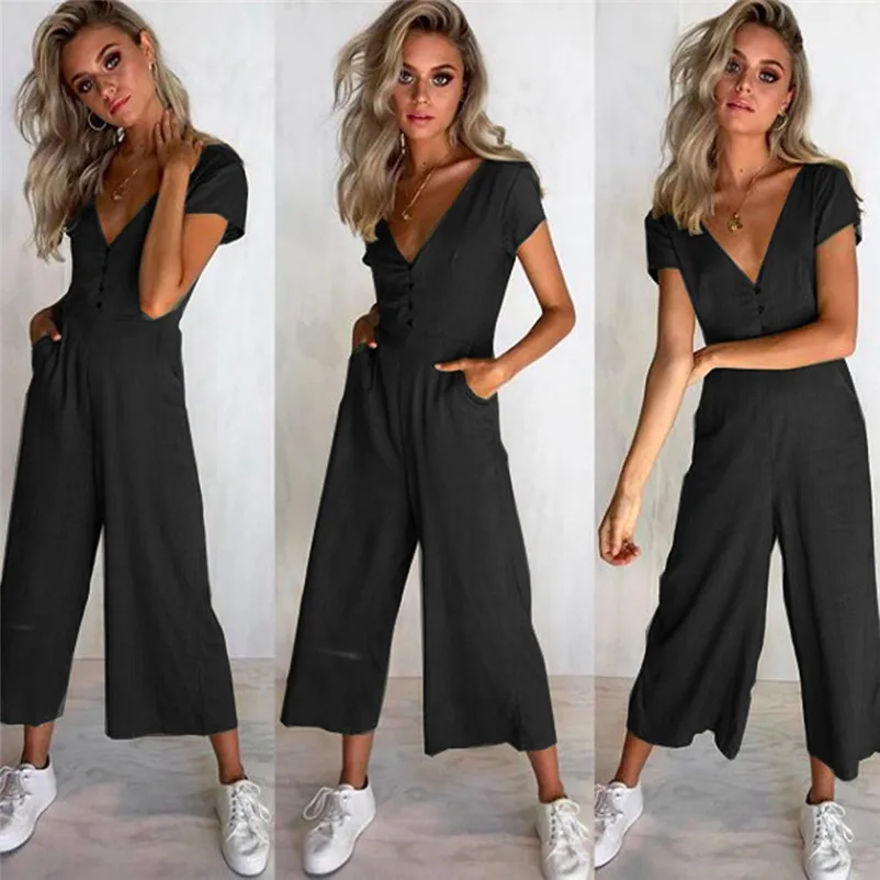 Fashion summer jumpsuit woman 2018 V-Neck Short Sleeve Strappy Holiday Long Playsuits Trouser Jumpsuit pantaloni siamesi A03#N (4)