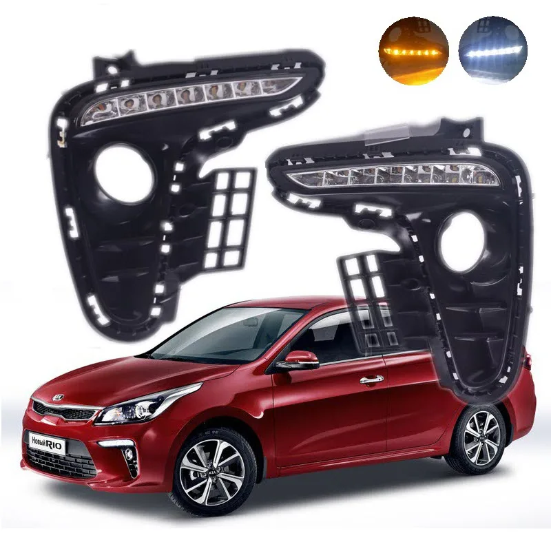 

Car Styling LED DRL Driving Daytime Running Lights for Kia RIO 2017 2018 K2 Car Fog Cover Bumper Light Yellow Signal Function