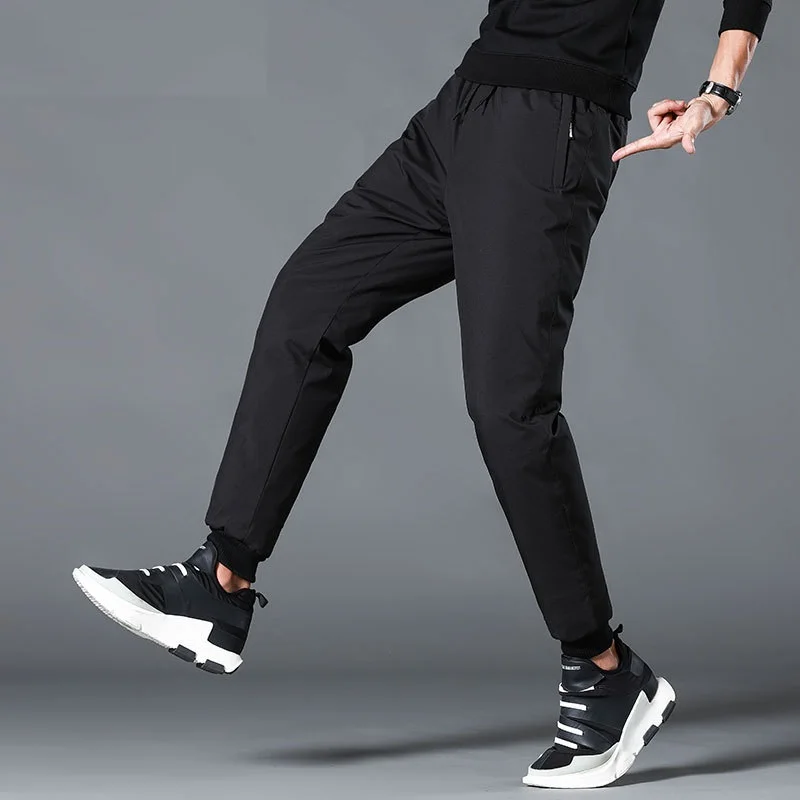 Мужские зимние штаны с подкладкой, облегающие высококачественные зимние повседневные штаны, теплые белые брюки на утином пуху, мужские PT-352 черного цвета - Цвет: Black