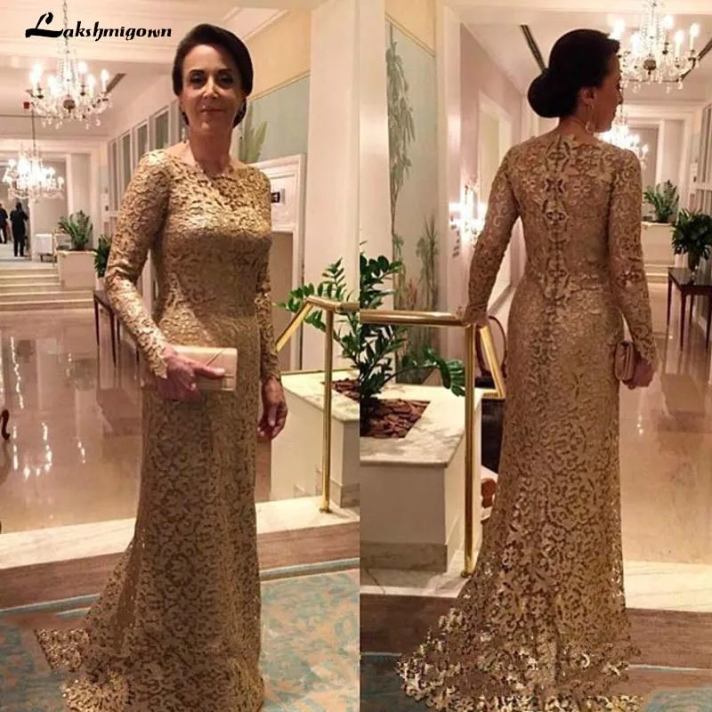 

Gold Full Lace Mother of the Bride Dress Long Sleeves Boat Neck Sweep Train Formal Mermaid Prom Evening Gowns