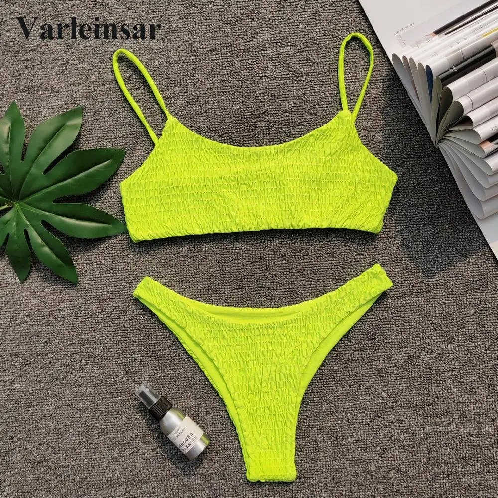 

New Sexy Neon Green Wrinkled Bikini 2019 Female Swimsuit Women Swimwear Two-pieces Bikini set Bather Bathing Suit Swim V713G