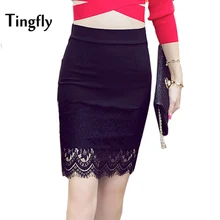 Tingfly Sexy Lace Patchwork Stretchy Slim Office Skirt Faldas Mujer Women 5XL Plus Size High Waist Step Pencil Skirt Saias