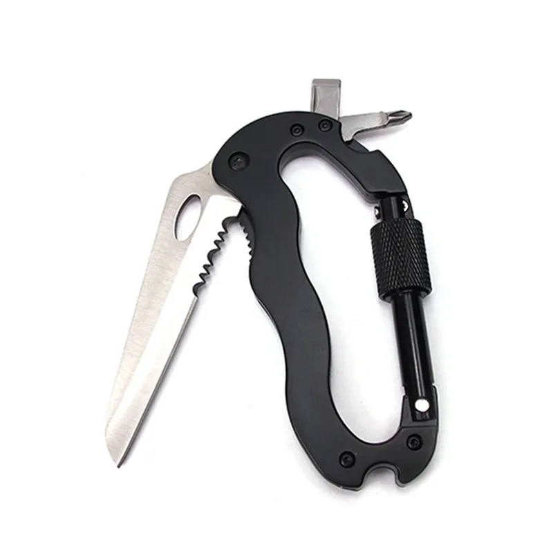 

Outdoor survival multi-function hanging D-type buckle carabiner 6 in 1 EDC Gear folding knife with lock keychain camping tools