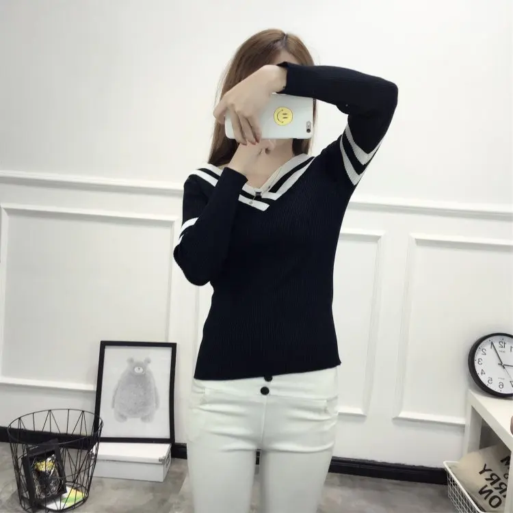 New Autumn Winter Woman's Sweater Bottoming Pullovers Slim Sweaters V Neck Sexy Long Sleeves Sweaters Black white Striped