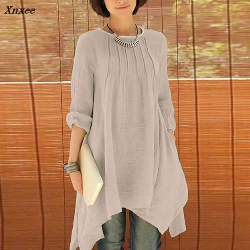 2018 Women O-Neck Long Sleeve Asymmetric Hem Cozy Cotton Linen Blend Blouse Tunic Shirt Pockets Tops Xnxee Blouses