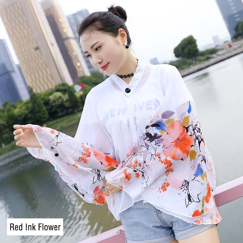 Womens Sun Protection Cloak Red Ink Flower