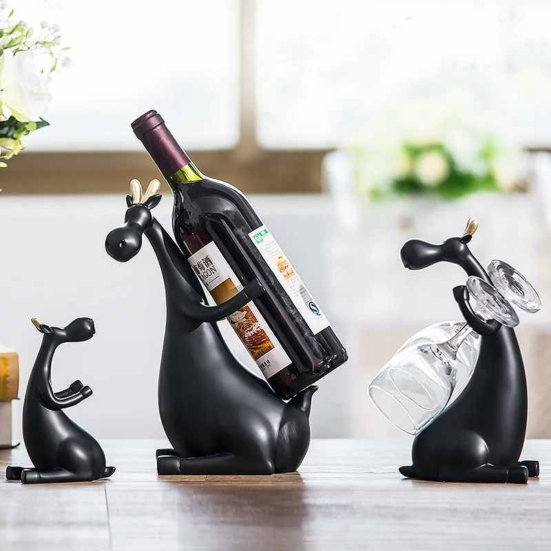 

Modern Creative Resin Red Wine Bottle Rack Lucky Deer Sets Home Decor Figurines Miniatures Wedding Decoration Crafts