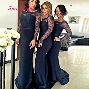

Navy Blue Bridesmaid Dresses Floor Length Boat Neck Mermaid Long Sleeve Bridesmaid Dress Vestito Damigella Donna