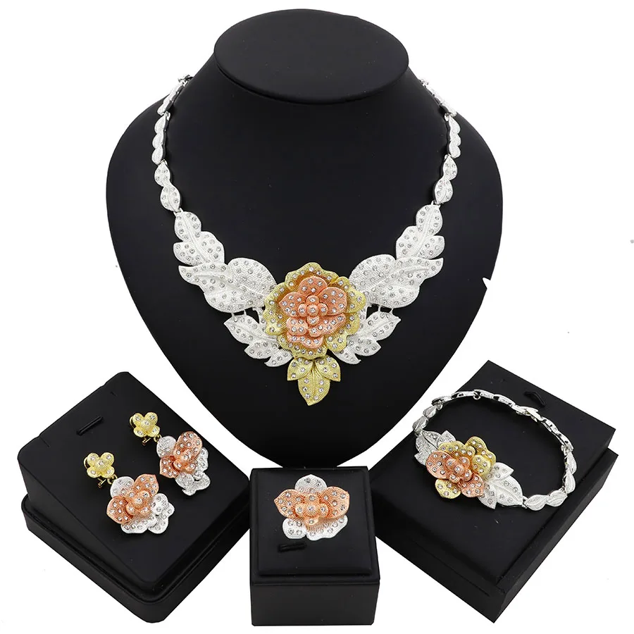 TSROUND украшения из Дубая кубического циркония три тона цветок Форма начальная ожерелье для женщин