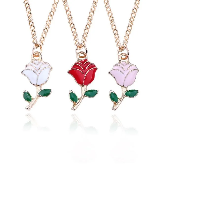 

Diy Cartoon Gold EFashion White Pink Rose Enamel Gold Rose Flower Pendant Necklace Gold Color Metal Necklaces For Women Collar F