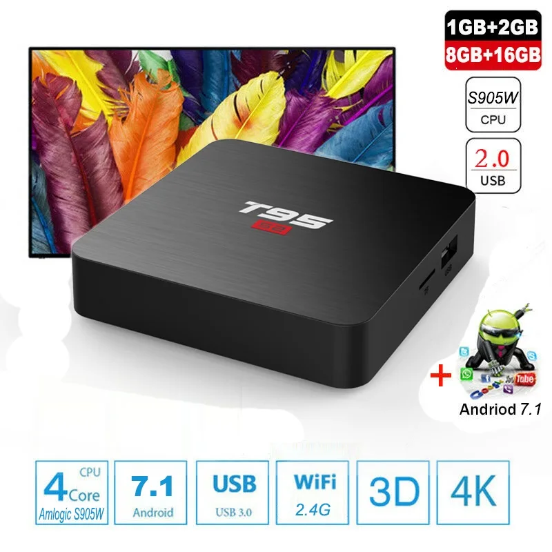 ТВ-приставка T95 S2 Android 7 1 2 + 16 ГБ четырехъядерный процессор Amlogic S905W Wi-Fi 4 ГГц 8 Гб |