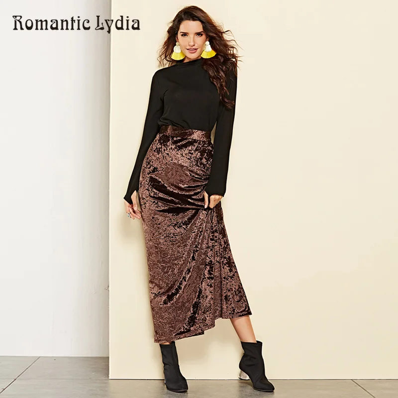 

2018 New Autumn Velour Ladies High Waist Skirts Long Office Female Maxi Solid Coffee Women Velvet Skirt